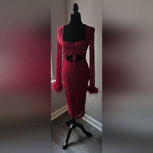 Fashion Nova Red Long Sleeve Dress with Feather Cuffs